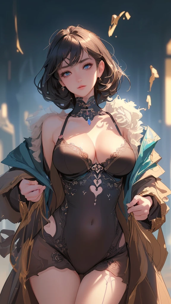 (masterpiece:1.3), ((Best quality at best)) , (disorganized:1.3), (highest quality:1.3), (perfect anatomy:1.5),Super detailed:1.3),(best shadow:0.7),(Ultra high resolution), extremely detailed texture, sharp focus, realistic lighting, cinematic quality, photorealistic details, smooth shading, fine grain, high dynamic range, 8K quality, exquisite clarity, Happy,perfect finger, (detailed face), solo, ((fine eyes)), (beautiful eyes), Exquisite facial features, Interlacing of light and shadow, (1 girl), ((huge breasts)), (((G cup))), (((not showing the breasts))), (looking at viewer standing from below:1.3),