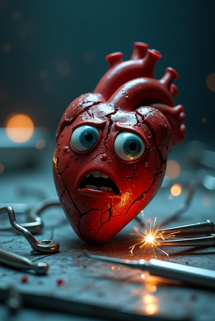 ""An image depicting a damaged heart with a sad and fearful expression, showing visible injuries like bruises and cracks. The heart is lying on a surface, with surgical tools around it. The heart has sad eyes with teardrops, conveying shock and fear. The scene includes elements of danger, such as sparking wires or sharp instruments, and is softened by a blurred background to emphasize the heart's sorrowful and terrified state."