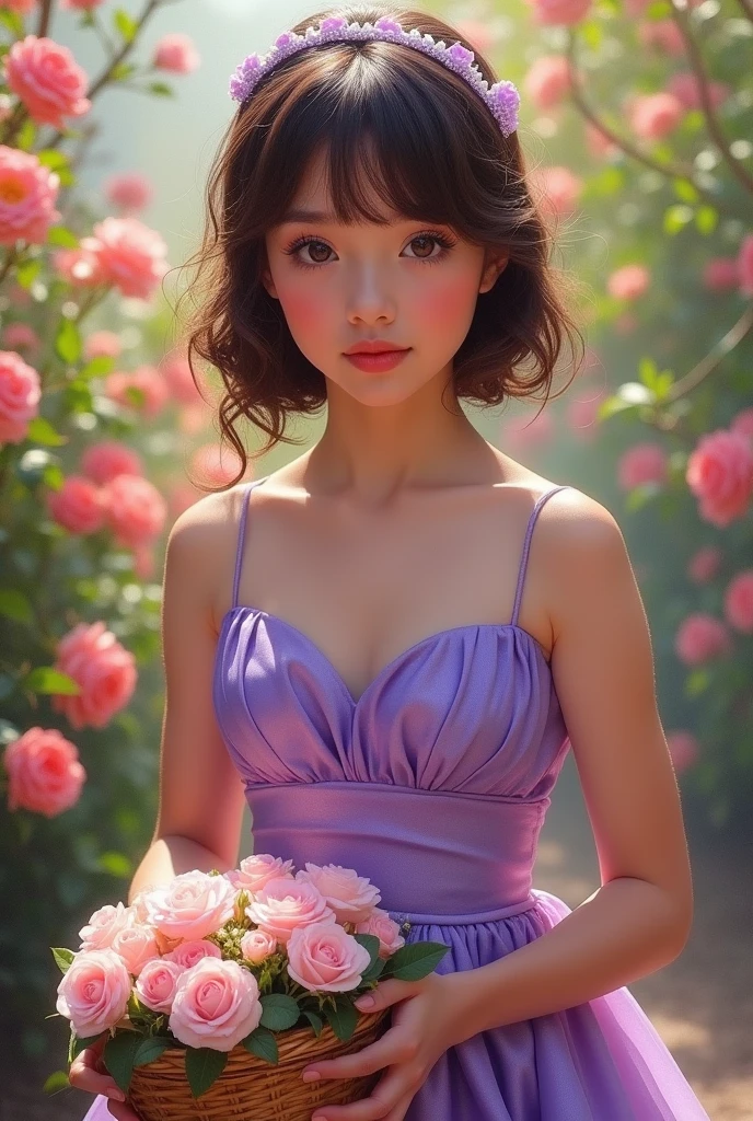 (masterpiece, best quality:1.5), highest quality, High resolution, super detailed, Realists, Upper body photo of a 22-year-old brunette flower girl, detailed and beautiful eyes, beautiful detailed lips, very detailed eyes and face, longeyelashes, 22-year-old woman in a purple short dress made of shiny satin fabric, Beautiful and colorful makeup, elegant and noble々Pose,shiny satin headband, grind, Holding flowers, Gardens as background, soft daylight, bright colors, fine brushstrokes, Portrait style, Noble details in the dress fabric, beautiful color palette, glowing skin, First-class rendering, that captures every detail, enchanting atmosphere, subtle shadows and lights, (perfect anatomy:1.2), (The stunning 22-year-old flower girl carries a basket of rose petals. looks surprised (magnificent panorama view:1.2)
