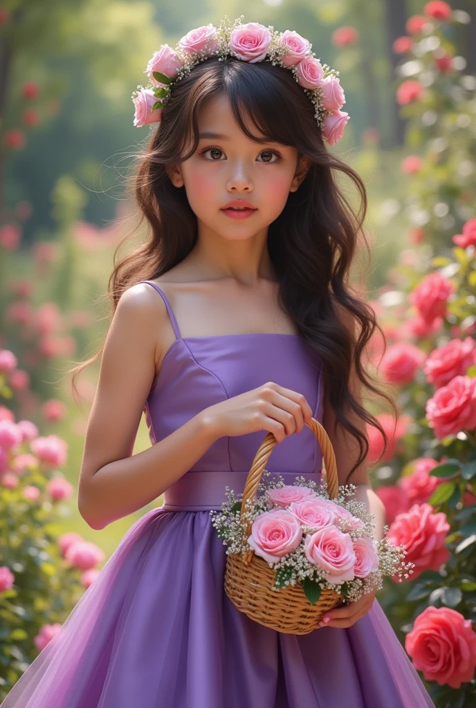 (​masterpiece, best quality:1.5), highest quality, High resolution, super detailed, Realists, Upper body photo of a 22-year-old brunette flower girl, detailed and beautiful eyes, beautiful detailed lips, very detailed eyes and face, longeyelashes, 22-year-old woman in a purple short dress made of shiny satin fabric, Beautiful and colorful makeup, elegant and noble々Pose,shiny satin headband, grind, Holding flowers, Gardens as background, soft daylight, bright colors, fine brushstrokes, Portrait style, Noble details in the dress fabric, beautiful color palette, glowing skin, First-class rendering, that captures every detail, enchanting atmosphere, subtle shadows and lights, (perfect anatomy:1.2), (The stunning 22-year-old flower girl carries a basket of rose petals. looks surprised (magnificent panorama view:1.2)