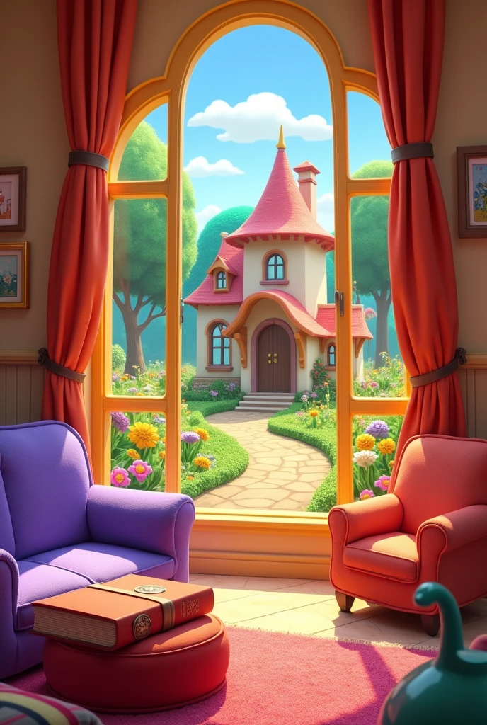 Interior of a room in an animated house where the other half of the image is the exterior of the house and you can see an animated forest 
