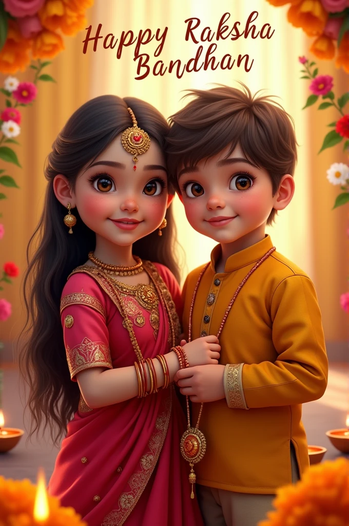 Girl and boy celebrate raksha Bandhan and happy raksha Bandhan calligraphy text on the front of image realistic photography