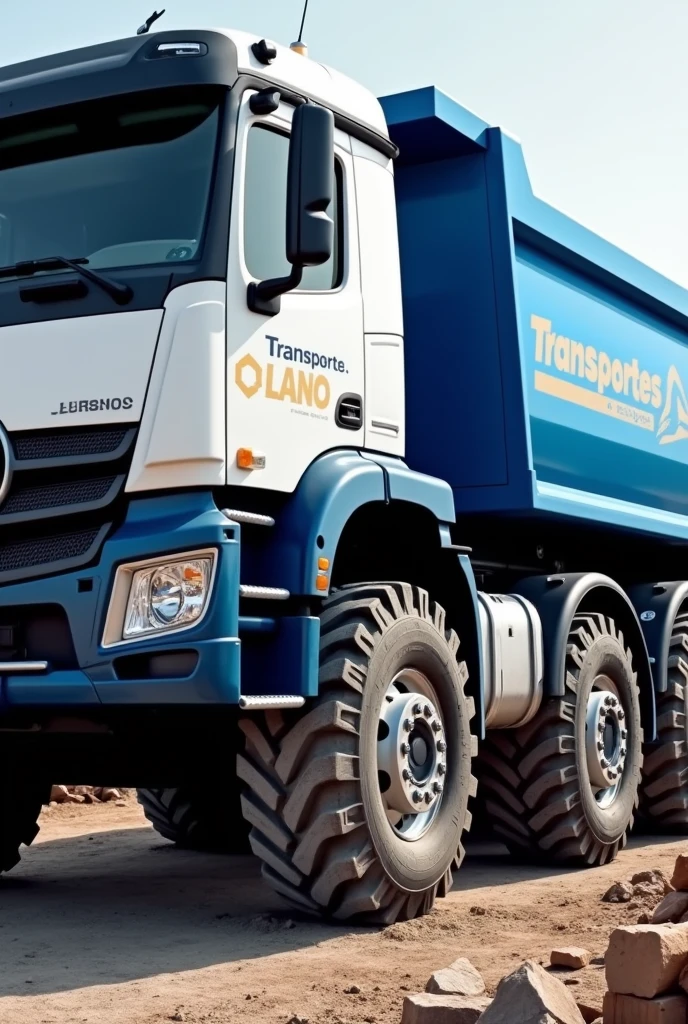 Imagine a white and blue dump truck, with a robust structure and large wheels with a flat front. On the side of the dump truck, The 'Transportes Llano' logo is clearly visible. The logo is a simple yet modern design, which could present a combination of bold text and an icon that represents transportation or movement. The image conveys professionalism and efficiency in the transportation service."
