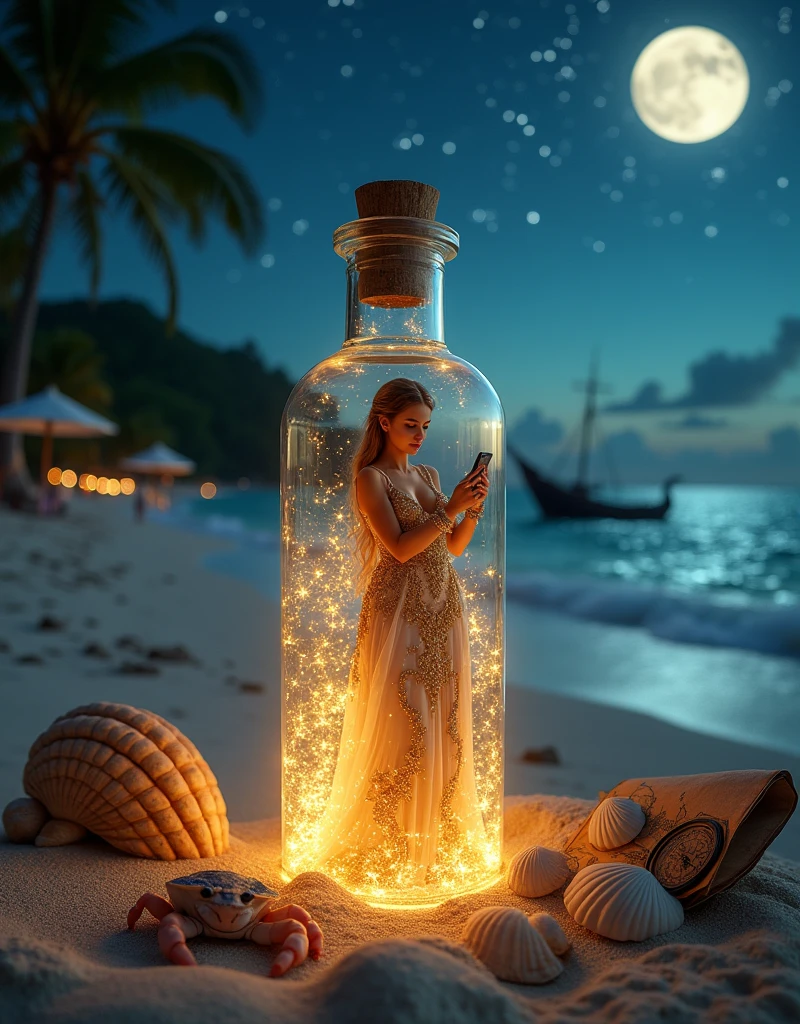 A photograph of a beautiful female genie donning ornated Middle Eastern gown, she is enclosed inside a clear quartz bottle playing a mobile game on her phone, with the bottle on beach sand, a tropical beach landscape, a curious crab beside it, a palm tree in the background, some beach umbrellas in the distance, seashells around the bottle glowing in the moonlight, a constellation in the night sky, the bottle having an ancient inscription, and a shipwreck in the distant ocean, in the style of cinematic still life photography, masterpiece, with an ancient map rolled up and an old, weathered compass near the bottle