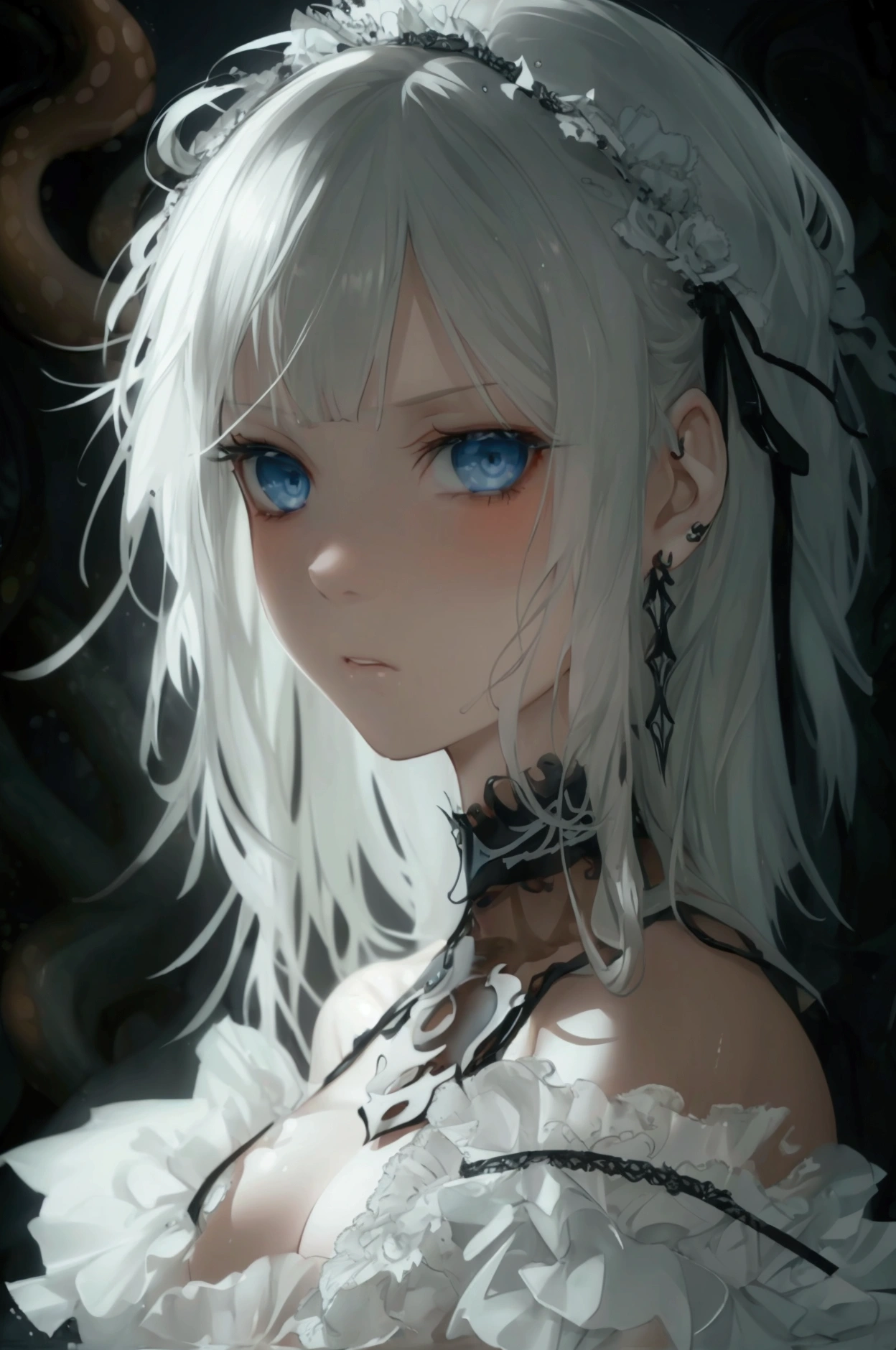 best quality, high resolution, nsfw, tentacles, 1girl, pale skin, flat chest, silver long hair, messy gair, expressionless, dark blue eyes, bad mood, gothic lolita, see through, fullbody
