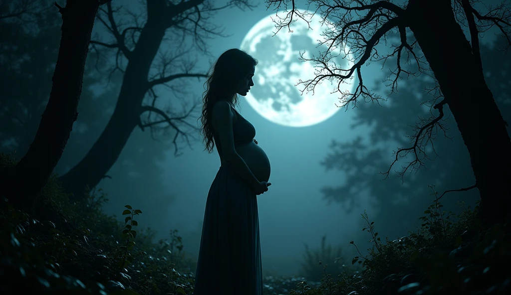 "Bewitched by the Moon": Silhouette of a pregnant woman under the light of a full moon, with shadows that hint at the presence of a demon lurking from within. The setting should suggest a dense and oppressive forest.