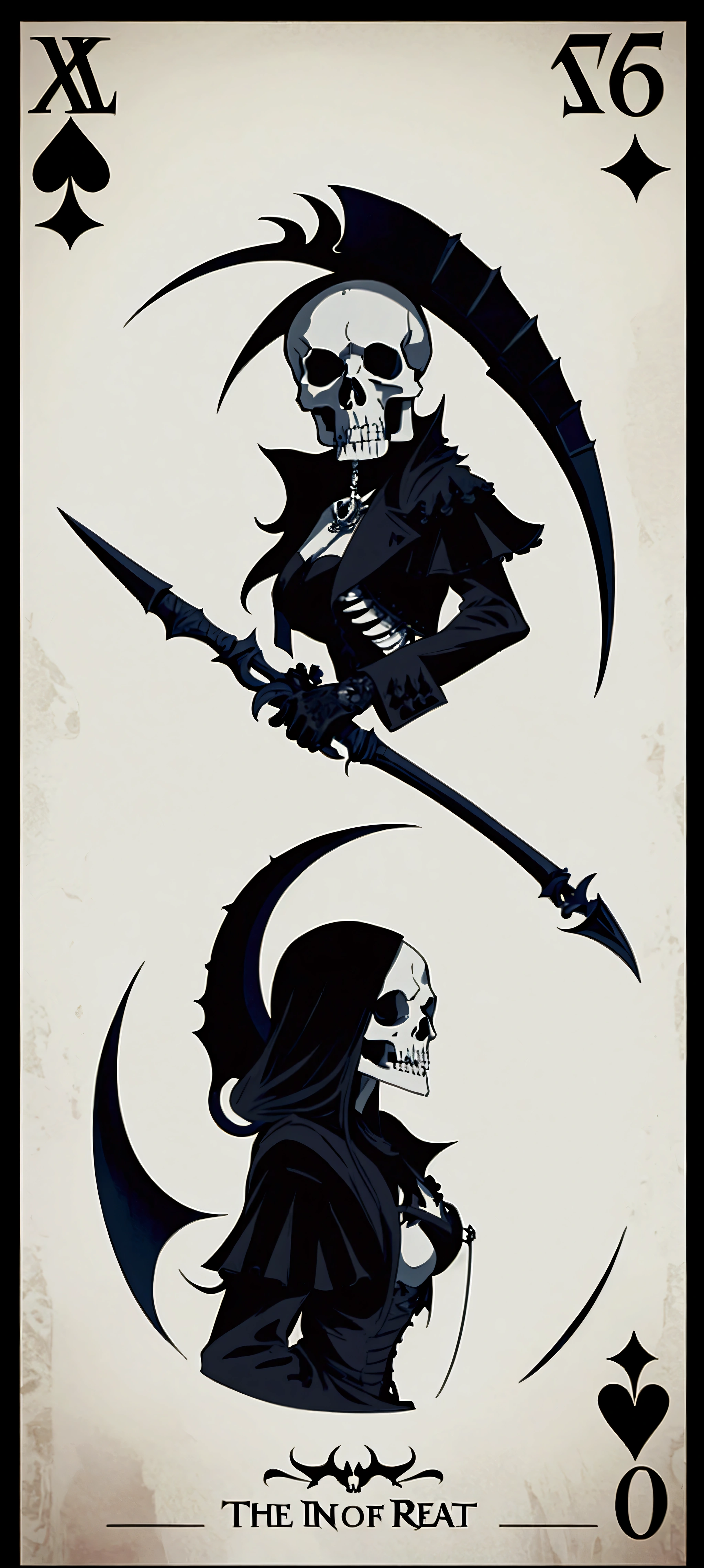 Death seen from the side holding a skull on the left and a scythe on the right inside an ace of spades card 
