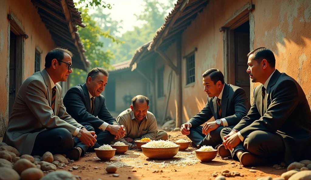 small clay old, collapse house at North Vietnamese village in the style of stark, high contrast, 1 poor man and 5 rich men siting on the ground and have poor meal, 3d animation, cartoon, Objects are very detailed and clear. Hyper Macro 3D. 
