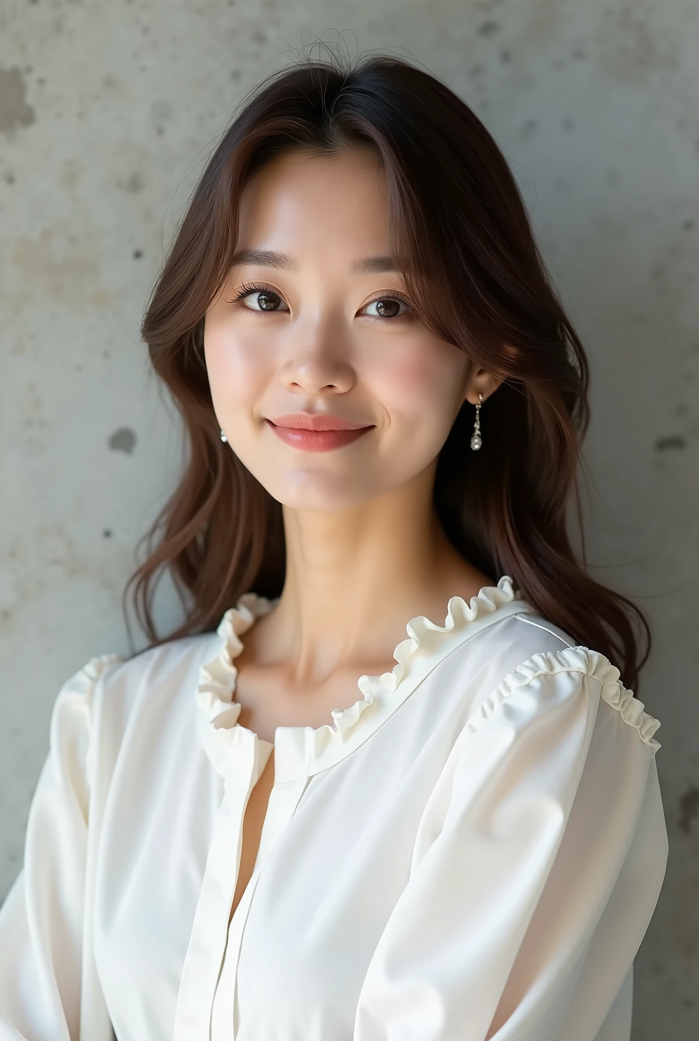 A beautiful Japanese woman who looks like she's half-Japanese、Sharp features、Big eyes、Fine, glossy hair、Thready hair、Brown hair color、Smooth and straight hair、Body turned slightly towards the camera with direct eye contact、Smiling Kindly、The background is simple and bright concrete.、White round neck frilled cut-and-sew、Diamond stud earrings and necklace、Chest length hair、A woman with strong features、A stylish woman with sharp features、Tapered ends、Medium length hair below the shoulders、Adult Women、Mesh-in hair、wild vibes、Cool Beauty