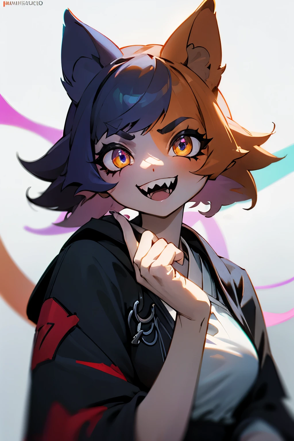 master masterpiece, 4k, highly detailed, HDR, subsurface scattering, cinematic light, (beautiful detailed eyes:1.6), extremely detailed face, 1 girl, cat ears, meowskulls, short hair, messy hair, multicolor hair, goth robe, robe, calico cat fur, Neko, vitiligo, neon ambar eyes, swirling pupils, multicolor skin, sharp teeth, large smile, Clear focus,hard lighting,vivd colour