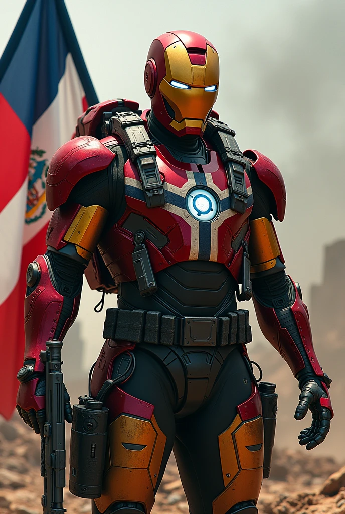 I want you to make me a Cal of Dury Warzone player but with the Iron Man helmet and dressed with weapons and in his hand he has the Dominican flag and on his chest he has a sign that says I am one-handed and he has a weapon in the other hand that only has the Iron Man helmet. 