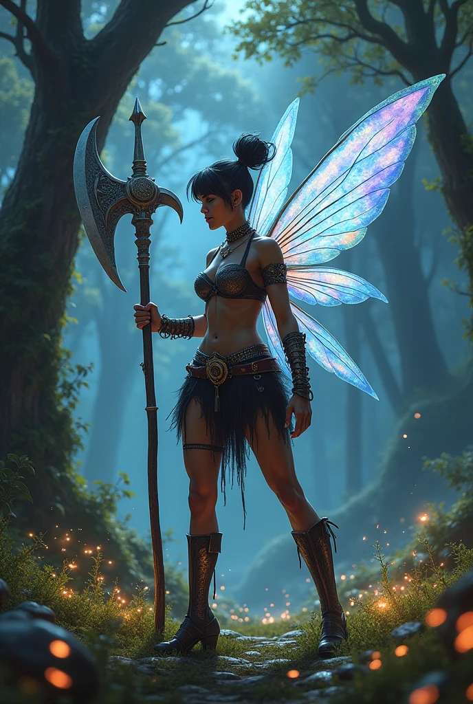 Fairy, dark skin, tomboy, undercut, wielding claymore and staff, muscular