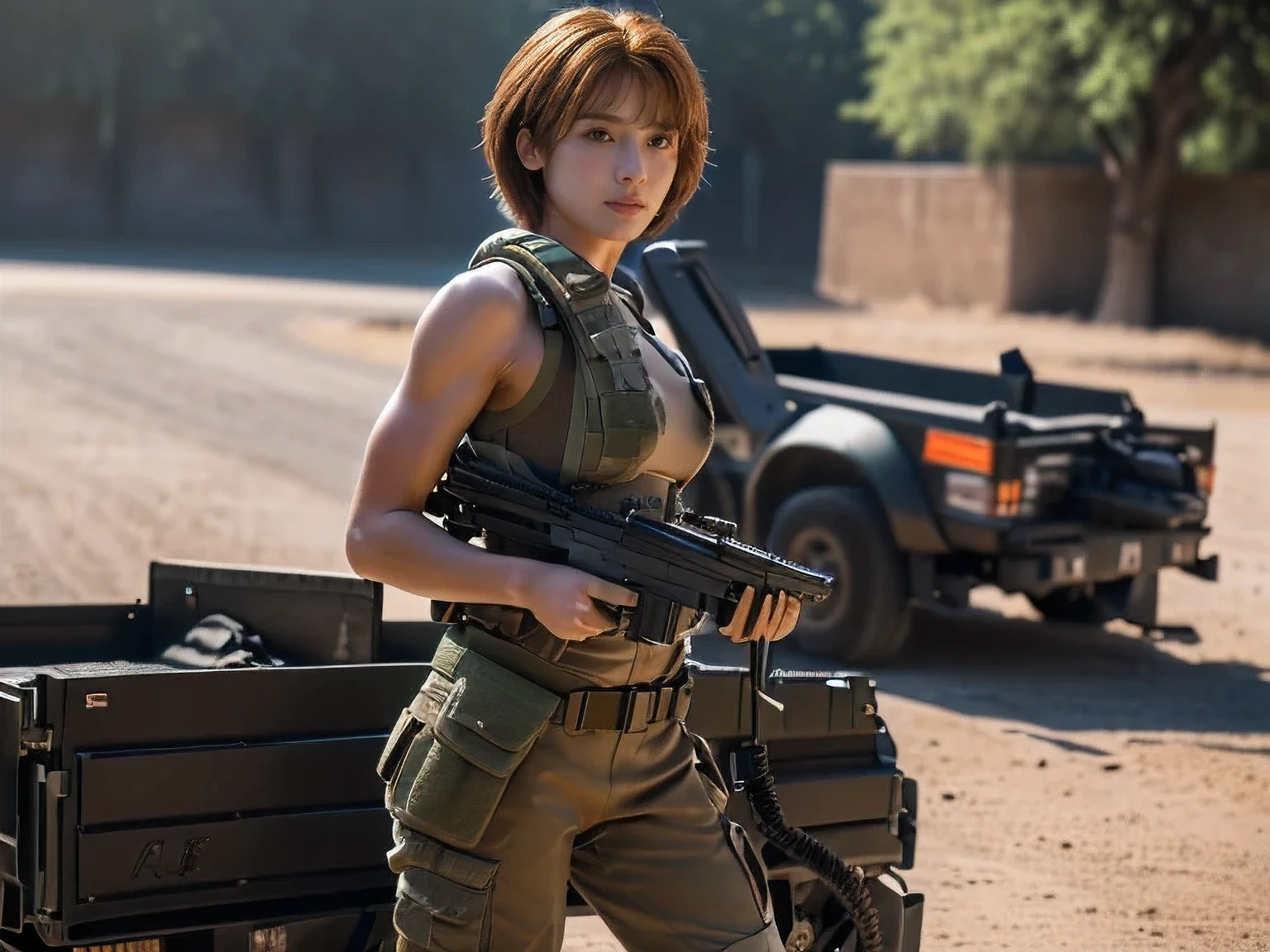 (Alafed truck with gun on back:1.5), 18 year old female soldier, French Special Forces, Heavily armed, Taliban, Kurdish soldiers, Heavy Armor, Military Vehicles, Military weapons, Military equipment, truck, Camouflage, special forces security, modern Military equipment, (Portable Rifle, with guns on their shoulders:1.5), (gun posing in front of truck A female soldier:1.2), ((masterpiece, Highest quality, Best image quality, High resolution, Realistic, RAW Photos, 8k)), ((Highly detailed CG synthesis 8k wallpaper)), (Huge and stunning goddess shot, Very hot and sexy, Incredible beauty, Perfect Proportions, Beautiful body, Slim body beauty:1.4),((Realistic natural orange red hairstyle)), ( Short Bob Hair:1.5),