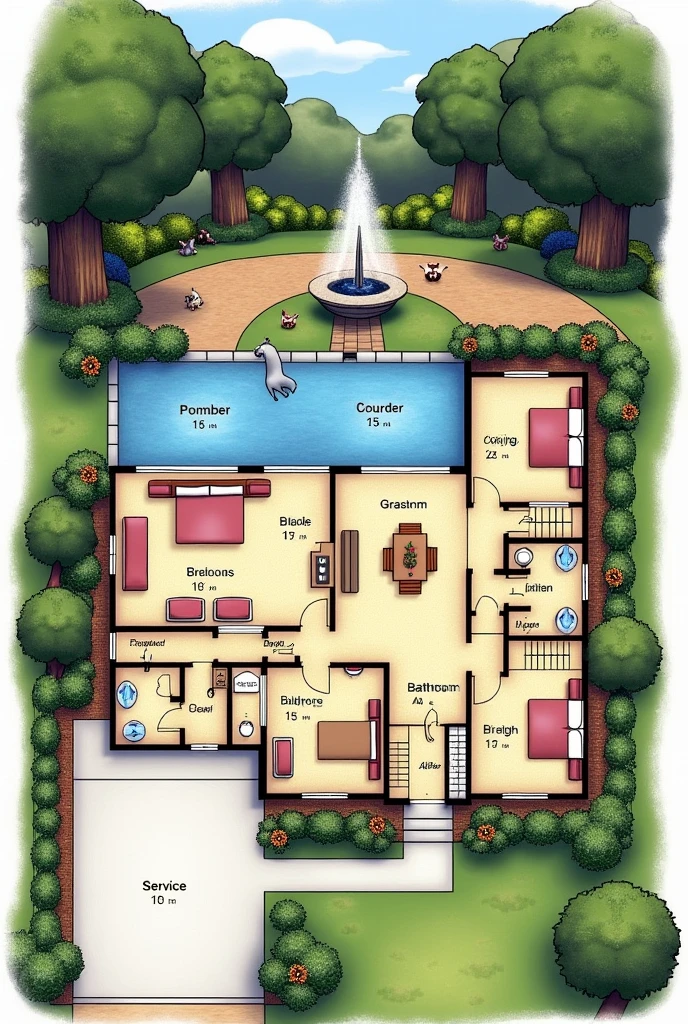 Create a house plan with a garage, quarter, Bathroom, living room, dining room, kitchen and have a view of the garden where there will be a fountain and a garden behind that will have animals and trees and on the second floor of the house create 4 rooms, un Bathroom y en la tercer planta alta crea quarter de servicio