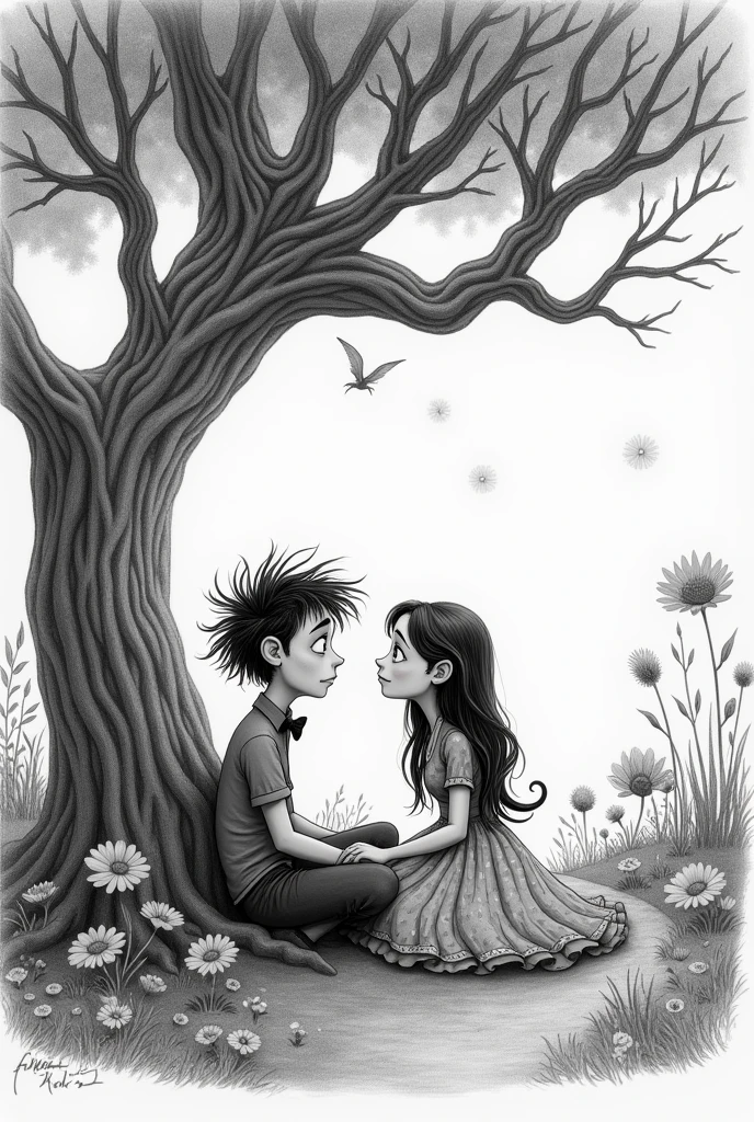 A drawing in the style of Tim Burton's pencil sketches for his wife Helena, depicting a romantic scene of a boy and a girl.