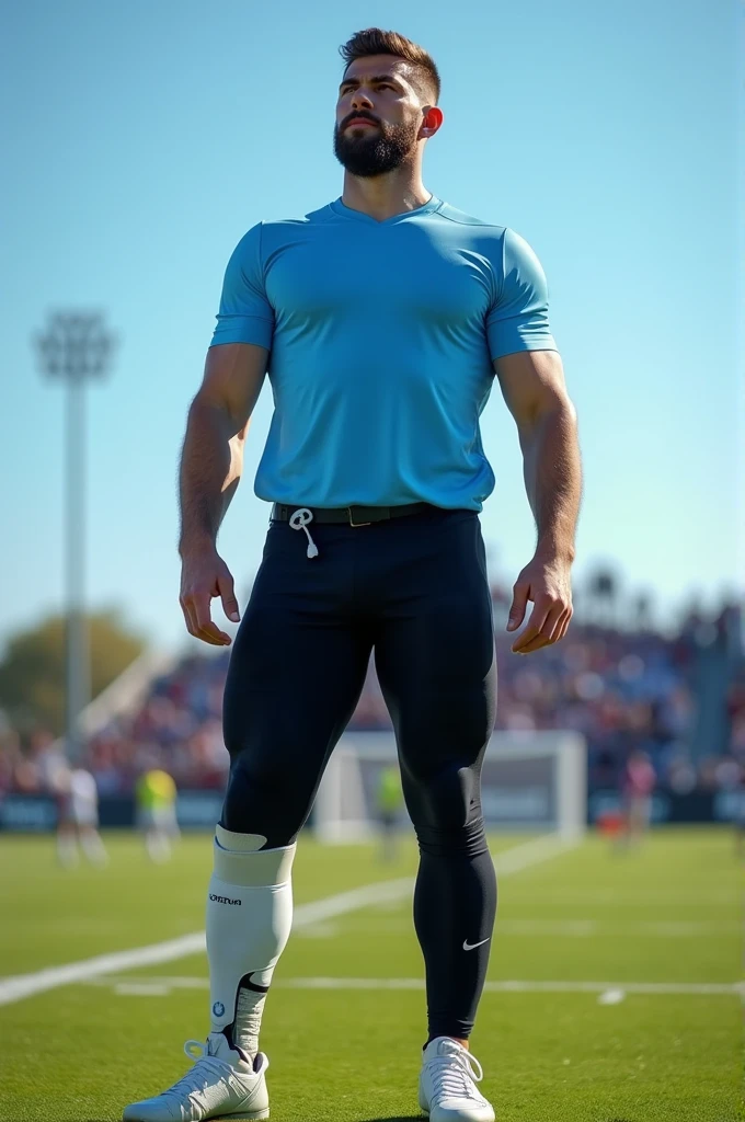 A football player wearing a light blue shirt and black pants, and who has an orthopedic boot on his right foot.