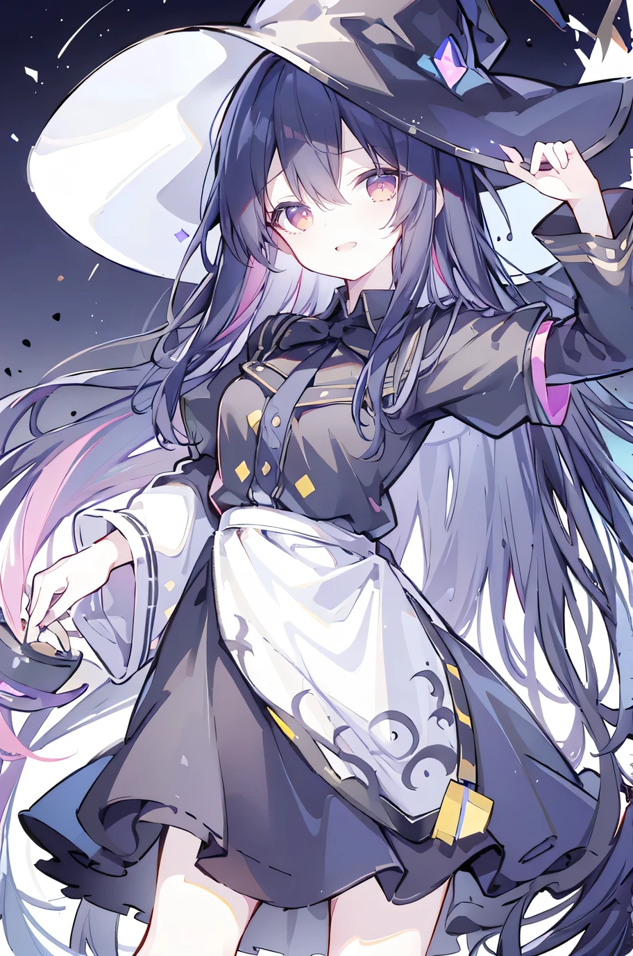 oung Girls,Humanity,A magician always smiles,big witch hat,cute,dark blue long hair,The eyes are dull,The bangs are heavy,Thin eyebrows,fantasy,intake,Double teeth,Star Theme,Constellation pattern,Solid color clothetal decoration,cloak,A bit of a dark atmosphere,A little crazy smile,When the big moon shines outside at night,blood,Hair black star embellishment,Short tie,No nails,High waist skirt,Bell sleeves,Long-sleeved shirt,Black tie,low risk,gentlemen。Mist、Yellow and white effect,Shocking pink as an accent color