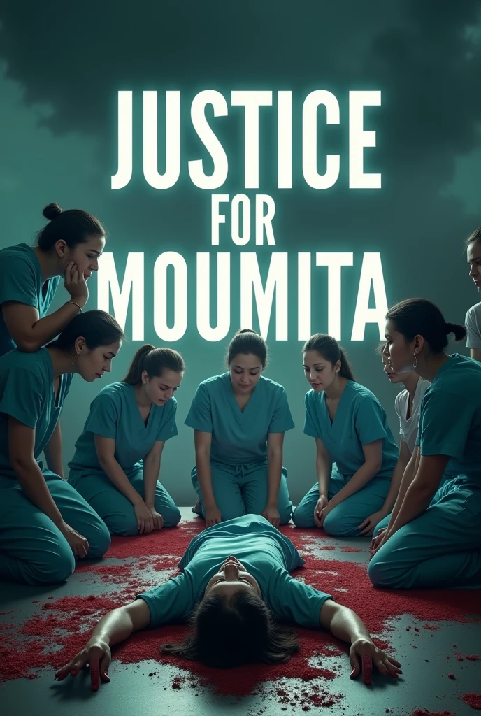 A tragic scene where a female doctor lies on the ground, lifeless, with blood seeping from her head and hand. Surrounding her are other doctors, sitting nearby in deep sorrow and shock. In the background, the words 'Justice For Moumita' are boldly written in large, impactful letters, emphasizing the urgent call for justice in this somber and emotional 3D scene