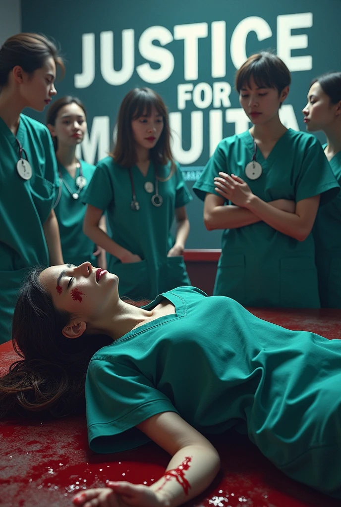 A tragic scene where a female doctor lies on the ground, lifeless, with blood seeping from her head and hand. Surrounding her are other doctors, sitting nearby in deep sorrow and shock. In the background, the words 'Justice For Moumita' are boldly written in large, impactful letters, emphasizing the urgent call for justice in this somber and emotional 3D scene