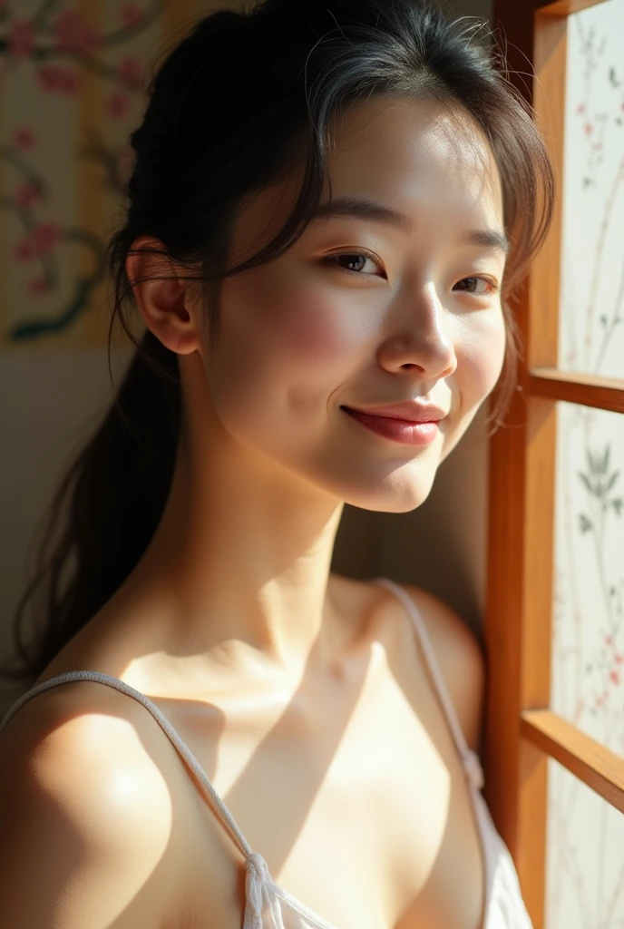 A Japanese woman working in natural light、Chest close-up and calm expression.、It represents her inner peace and outer charm..。
