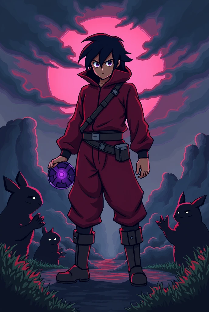 Create a character based on the protagonist of Pokémon: red, but with a red outfit, purple eyes and in an old video game format, Make it darker, that it looks like Red, the video game protagonist of Pokemon I will say Red, with a Pokemon background and a purple Pokeball in his hand