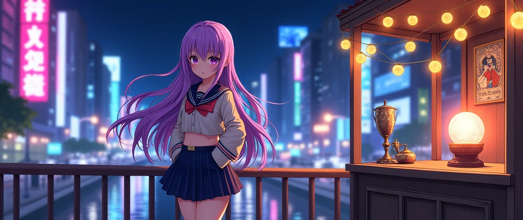 Create an image of a female anime character standing on a bridge. The character has long, wavy violet hair. She is wearing a school uniform with a pleated skirt and a short jacket, in a classic schoolgirl style. The setting is a bridge in a city lit by neon lights at night. The atmosphere is energetic and vibrant, with intense colors and movement. The style of the image is classic anime with defined lines and bright colors.

Digital 3d illustration of highly intricately (Tarot cards:2.9) laying on a wooden table next to a (detailed enchanted tarot cards deck:2.3) by carne griffiths, fortune teller room interior in the background with a sparklin Crystal ball, fantasy tarot cards, chiaroscuro, digital mixed media, CGSociety, featured on DeviantArt, trending_on_ArtStation, dynamic, splash_screen_art, dramatic lighting, radial_lighting