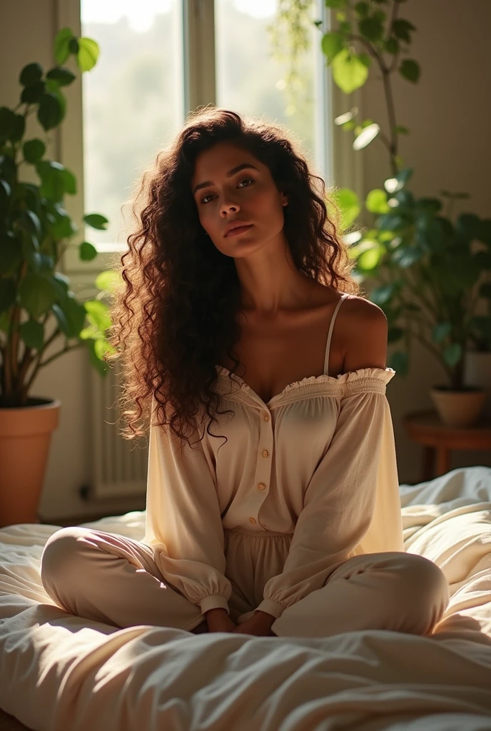 (photorealism:1.2), beautiful woman, sitting on bed, wearing loose off-shoulder top, pajama pants, long curly hair, indoors, soft lighting, plants in background, window with sunlight, cozy room, relaxed pose, realistic, intricate details, warm colors, by Greg Rutkowski, by Alphonse Mucha