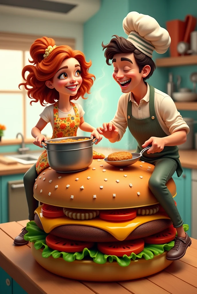 I would like you to create a woman and a man who are cooking and are sitting on a hamburger and for the image to be animated.