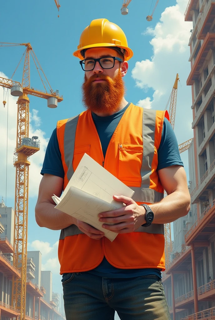 make a bearded redhead man, baldie, with glasses, as a civil engineer, very skinny, with an engineer's helmet