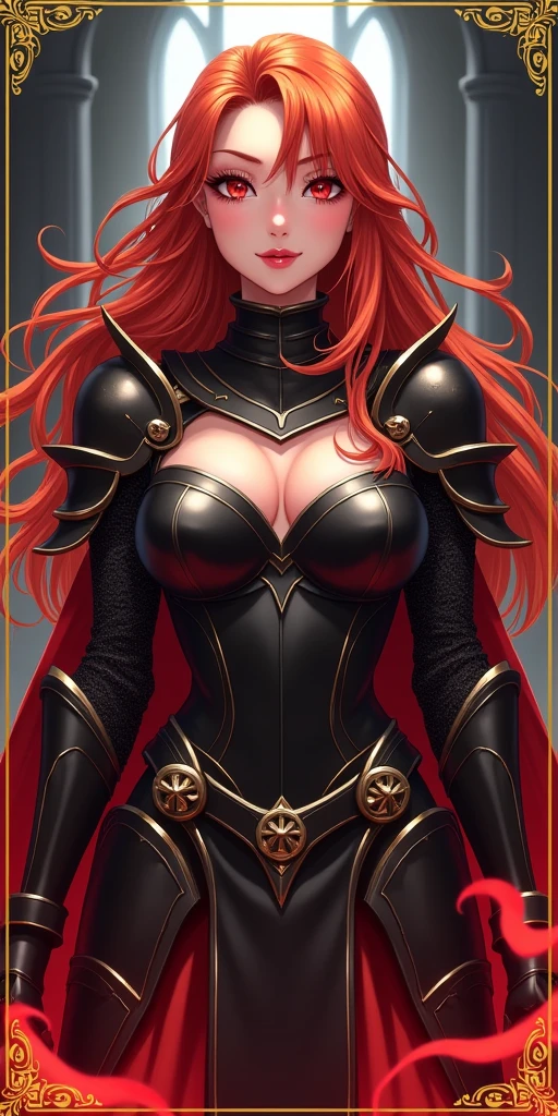 (best quality, ultra-detailed, photorealistic: 1.39), bright and vibrant colors, studio lighting, romantic expression, An effeminate girl, with a delicate and beautiful face. golden design on the edges of the image symbolizing rare underworld knight card, with golden edges on the card, golden haired, a female knight wearing dark armor, dark magic emanating from the armor, large breasts and flaming red hair, parted lips, seductive pose, domineering expression, evil smile, backdrop of dark castle ruins in the background, she is female knight, anime style, Anime Bishoujo