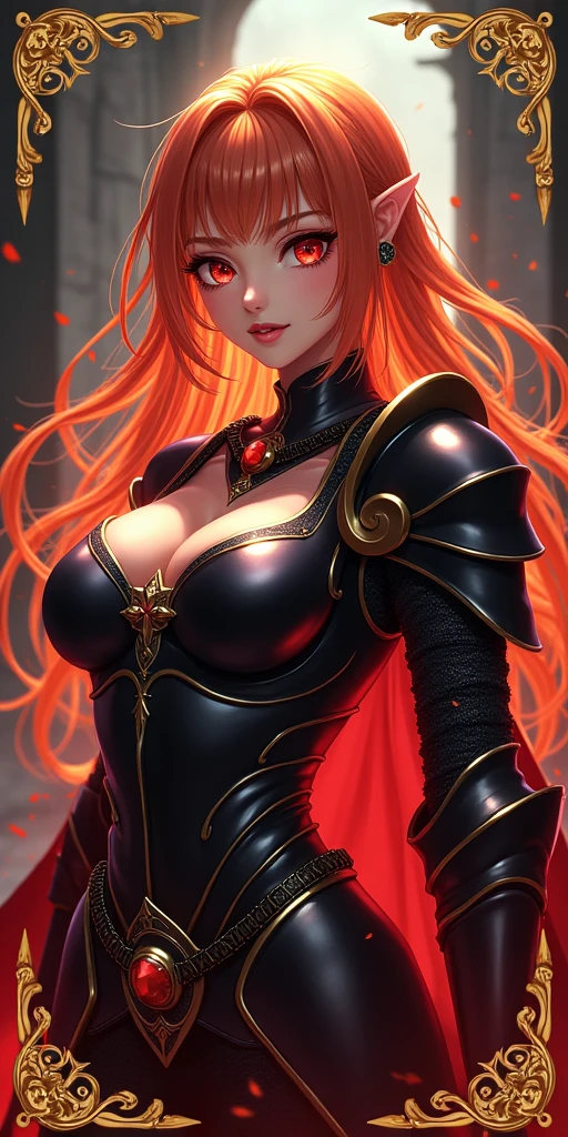(best quality, ultra-detailed, photorealistic: 1.39), bright and vibrant colors, studio lighting, romantic expression, An effeminate girl, with a delicate and beautiful face. golden design on the edges of the image symbolizing rare underworld knight card, with golden edges on the card, golden haired, a female knight wearing dark armor, dark magic emanating from the armor, large breasts and flaming red hair, parted lips, seductive pose, domineering expression, evil smile, backdrop of dark castle ruins in the background, she is female knight, anime style, Anime Bishoujo