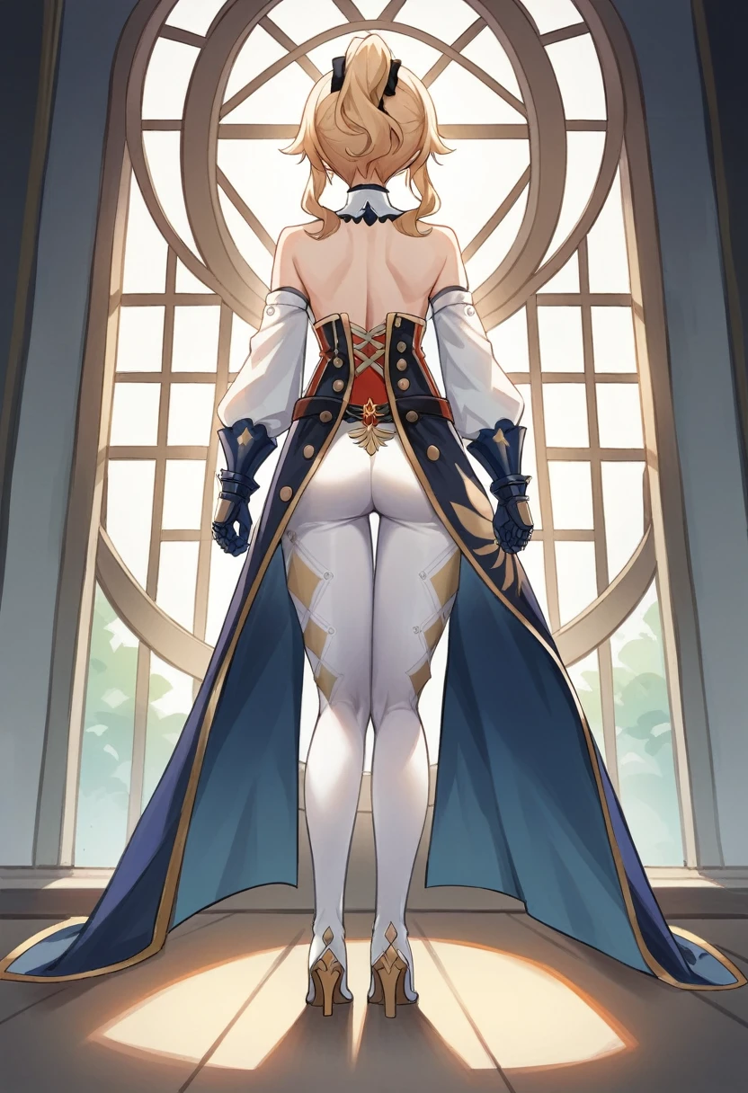 1 girl, Jean Gunnhildr, Genshin impact, strapless shirt, long blue tailcoa, pair of separate white sleeves, short blue and gold cloak attached to a white collar, white tights embroidered with a gold diamond-dot pattern, a pair of white high-heeled knee-high boots,a pair of blue gauntlets. Her shirt is white with red sections and black and gold trim, and there is a golden Knights of Favonius crest on the front, facing away from the viewer, looking out a window, back facing viewer