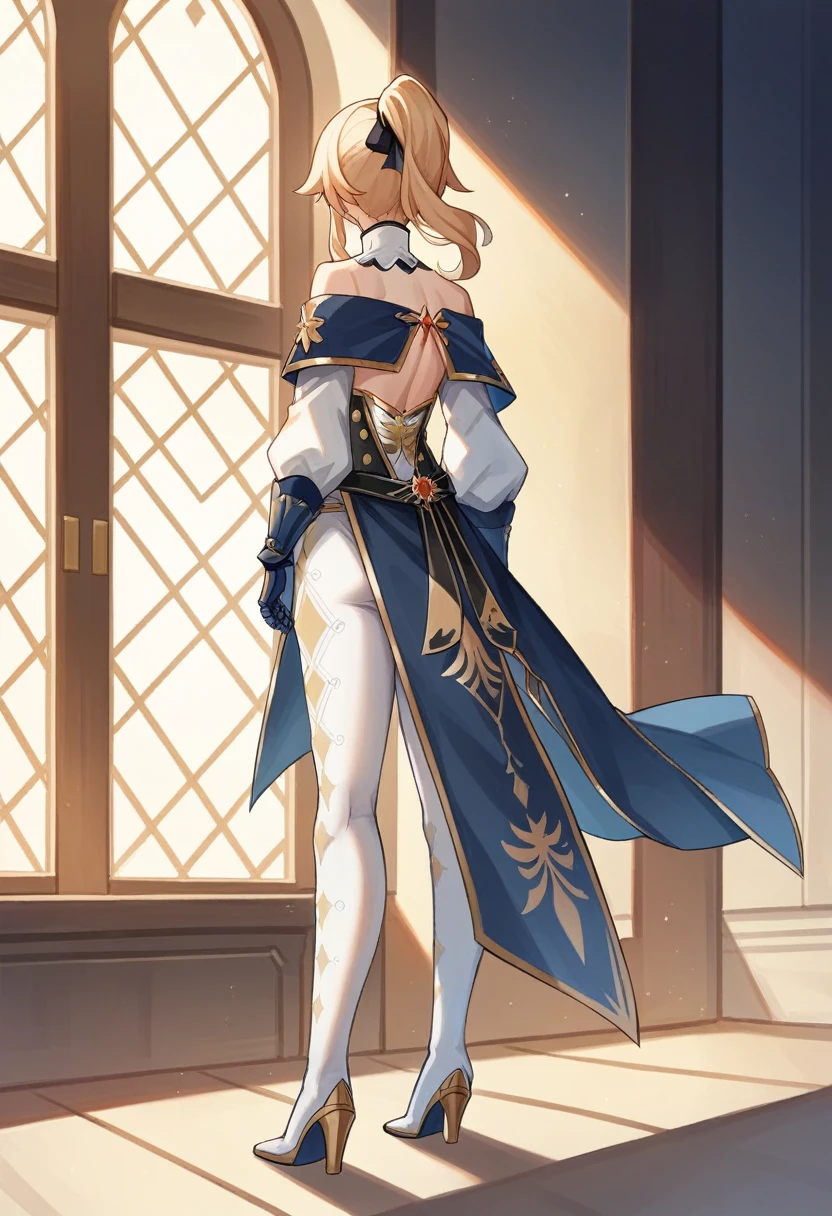 1 girl, Jean Gunnhildr, Genshin impact, strapless shirt, long blue tailcoa, pair of separate white sleeves, short blue and gold cloak attached to a white collar, white tights embroidered with a gold diamond-dot pattern, a pair of white high-heeled knee-high boots,a pair of blue gauntlets. Her shirt is white with red sections and black and gold trim, and there is a golden Knights of Favonius crest on the front, facing away from the viewer, looking out a window, back facing viewer