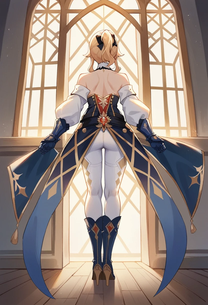 1 girl, Jean Gunnhildr, Genshin impact, strapless shirt, long blue tailcoa, pair of separate white sleeves, short blue and gold cloak attached to a white collar, white tights embroidered with a gold diamond-dot pattern, a pair of white high-heeled knee-high boots,a pair of blue gauntlets. Her shirt is white with red sections and black and gold trim, and there is a golden Knights of Favonius crest on the front, facing away from the viewer, looking out a window, back facing viewer