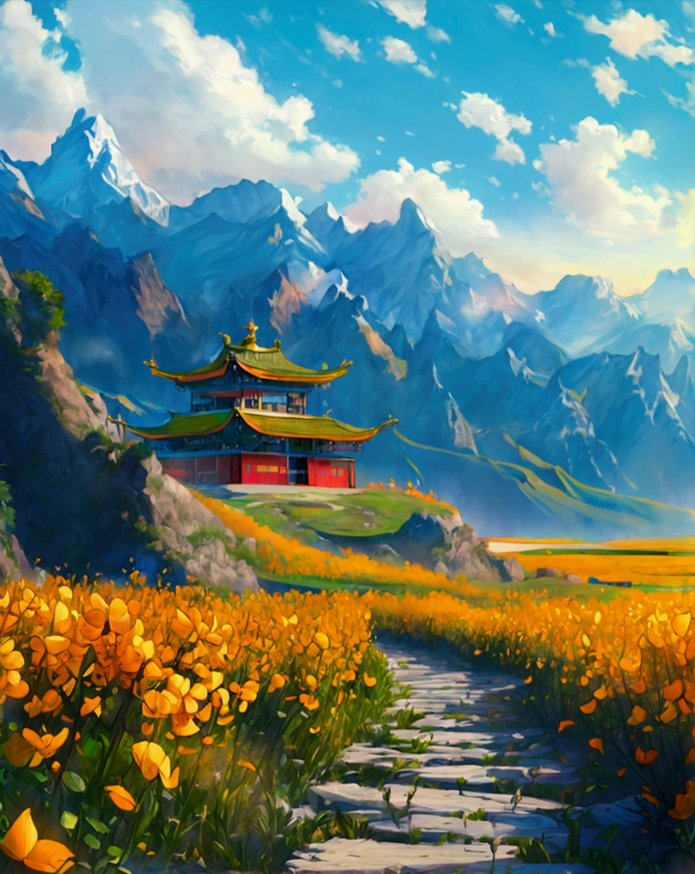 (best quality,4k,8k,highres,masterpiece:1.2),ultra-detailed,(realistic,photorealistic,photo-realistic:1.37),breathtaking landscape illustration, qinghai, thar temple, menyuan canola flower, qinghai lake, kunlun mountain, travel lover, stunning scenery, serene atmosphere, golden sunlight, vibrant colors, lush vegetation, tranquil waters, majestic mountains, ornate architecture, spiritual ambiance, wanderlust, adventure, natural wonder