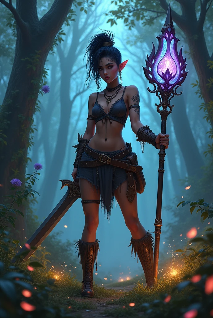 Fairy, dark skin, tomboy, undercut, wielding claymore and staff, muscularnsfw