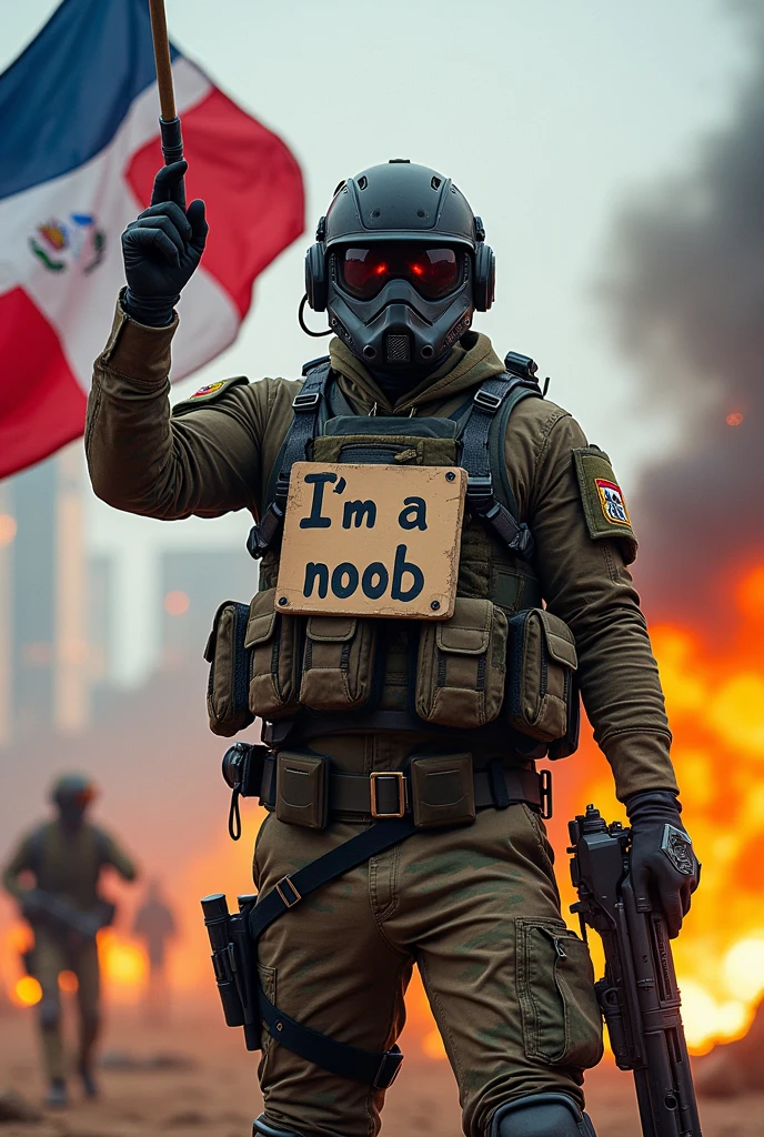 I want you to make me a Call of Duty Warzone player who is dressed in weapons and who has the Dominican flag in his hand and who has a sign on his chest that says I'm a noob and who has a weapon in the other hand that only has the
