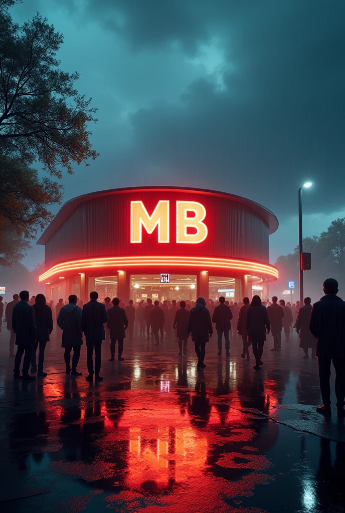 Background: A big burger Company name is "MB",30 People crowed around the burger company. The burger company is fully see and the burger company is middle .left and right space is open.
Scenery: The picture is after raining.
Details: Conceptual art,dark fantasy.The picture ratio 9:16