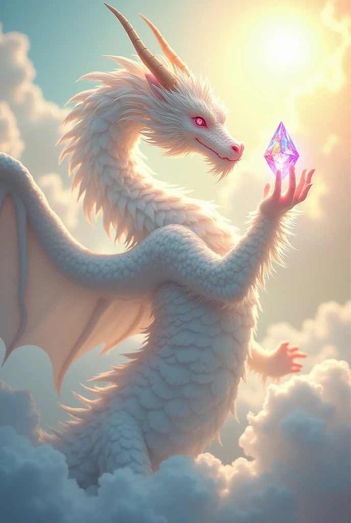 The white dragon, a Japanese Ryujin、With fluffy fur、Ascending to the heavens。Holding a jewel in its hand。The expression is calm。