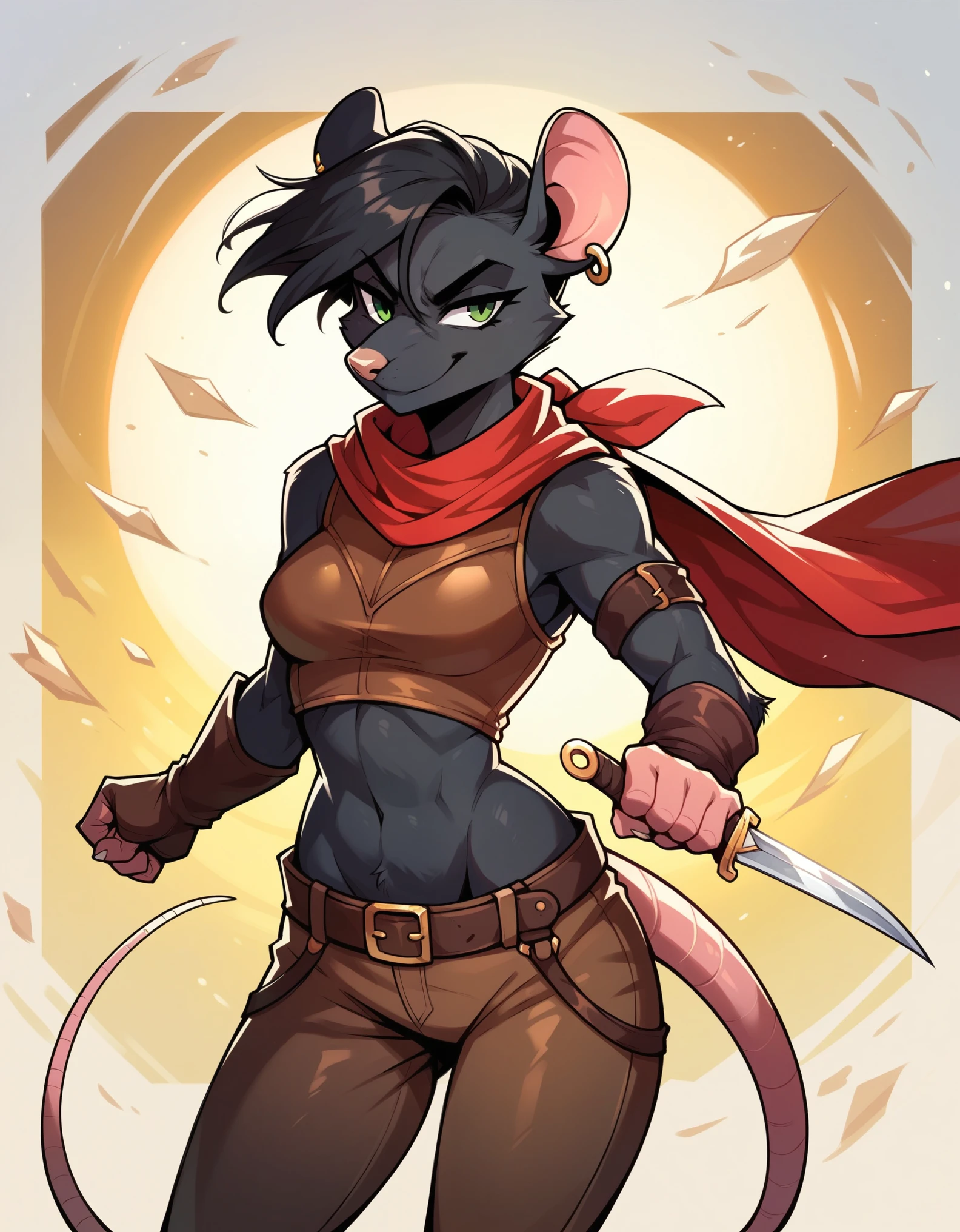 score_9, score_8_up, score_7_up, score_6_up, score_5_up, score_4_up, 1girl, anthro, sfw, cinematic lighting, anthro all black rat, all black fur, bandit, thief, brown leather armor, red scarf, short black hair, windswept hairstyle, green eyes, athletic physique, wide hips, medium breasts, smug smile, action pose, gold earring, exposed midriff, holding dagger, abstract background