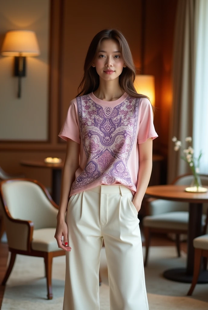 Female model. Modern style. Wearing a light pink short-sleeved round-neck T-shirt with Vietnamese ethnic brocade patterns in purple, white, and lotus pink. The shirt body is solid-colored with 2cm sleeves. Wide-leg, cream-colored A-line pants, side pockets. The setting is in a luxurious wooden interior room. Cream-colored walls. Table, chairs, lamps