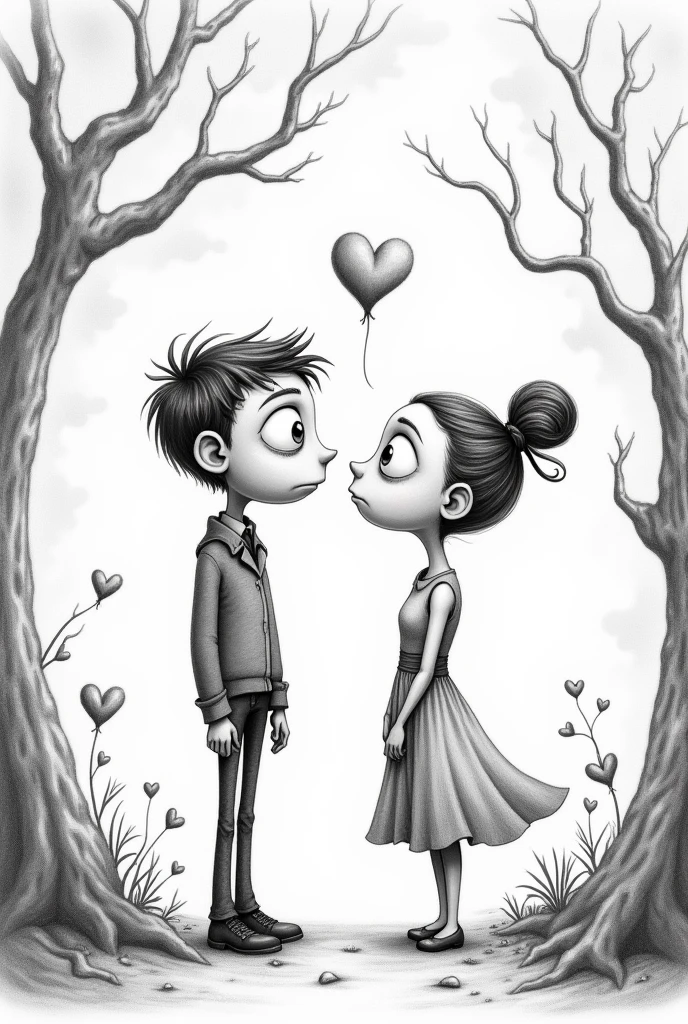 A drawing in the style of those Tim Burton used to do for his wife Helena, a pencil romance of a boy and a girl that is easy to draw.