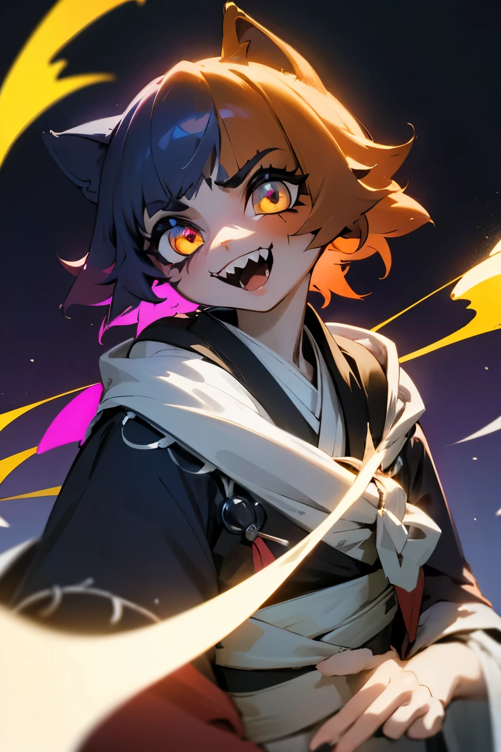 master masterpiece, 4k, highly detailed, HDR, subsurface scattering, cinematic light, (beautiful detailed eyes:1.6), extremely detailed face, 1 girl, cat ears, meowskulls, short hair, messy hair, multicolor hair, goth robe, robe, calico cat fur, Neko, vitiligo, neon ambar eyes, swirling pupils, multicolor skin, sharp teeth, large smile, Clear focus,hard lighting,vivd colour