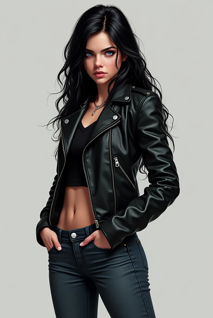 18 year old girl, silver eyes, long black wavy hair, She is dressed in a leather jacket and jeans, both in black tones., Your expression is serious and confident, Digital illustration of video game characters with a solid, neutral gray background
