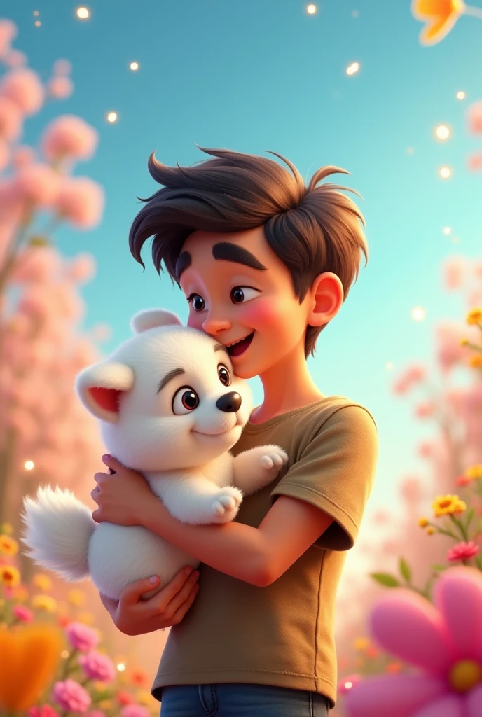 Young handsome guy with little milk dog,animated version