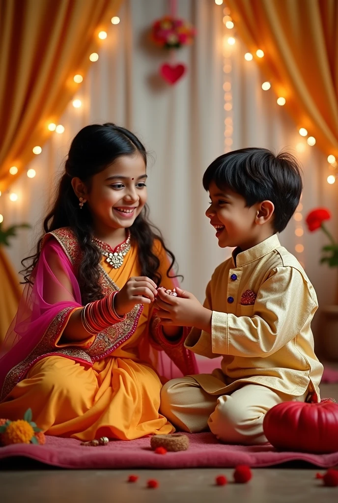 Indian Girl and boy celebrate raksha Bandhan and happy raksha Bandhan calligraphy text on the front of image realistic photography