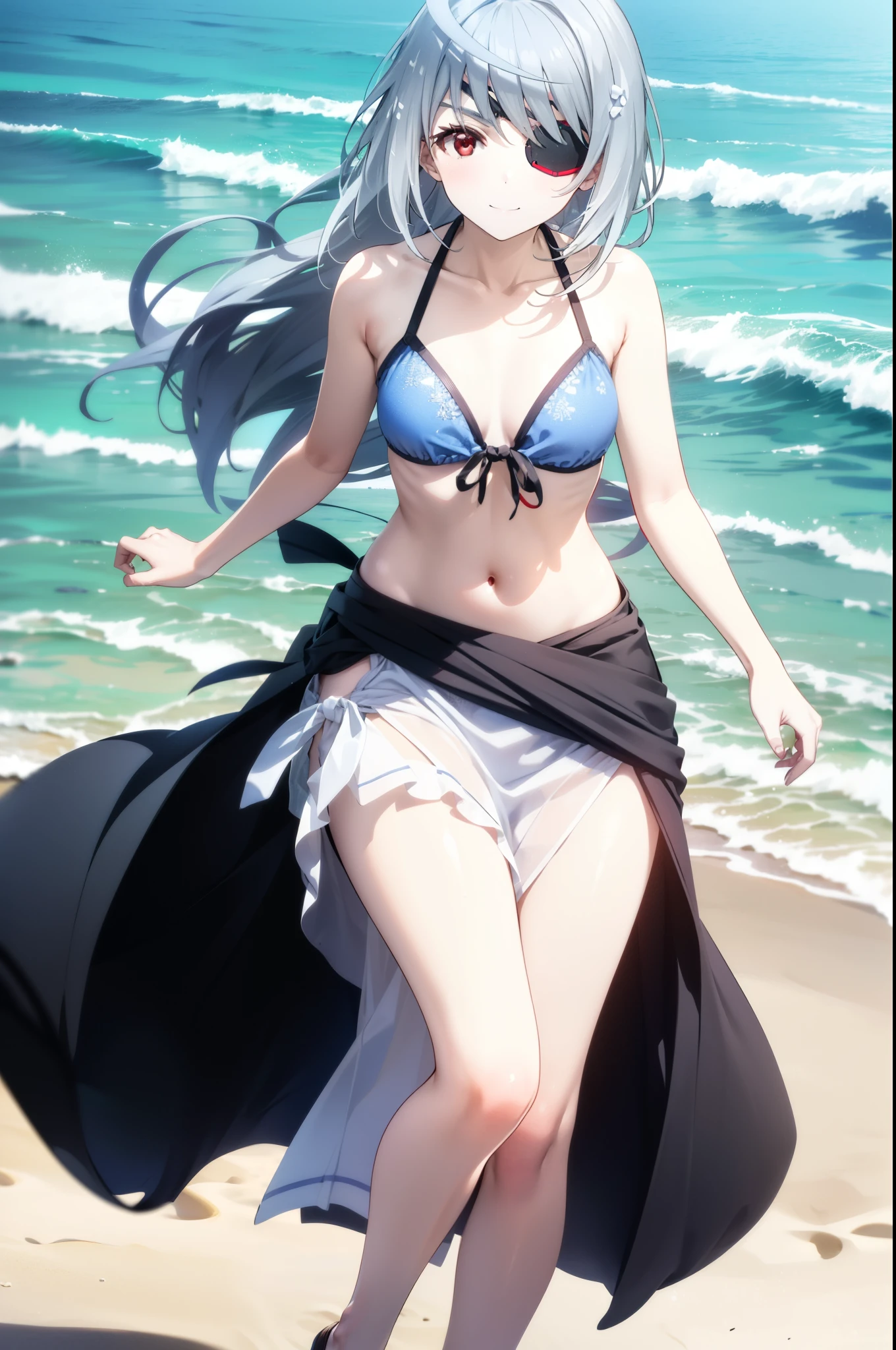 Laurabodewig, Laura Bodewig, (Red eyes:1.3), Long, thick braids,Grey Hair, Eye patch,smile,Black string bikini swimsuit,Belly button,abdomen,A thin long skirt is wrapped around her waist,He is wearing a gun holster on his leg.,Strolling on the sandy beach,Walking,whole bodyがイラストに入るように,,
break outdoors, Beach,
break looking at viewer, whole body,
break (masterpiece:1.2), Highest quality, High resolution, unity 8k wallpaper, (figure:0.8), (Beautiful attention to detail:1.6), Highly detailed face, Perfect lighting, Highly detailed CG, (Perfect hands, Perfect Anatomy),