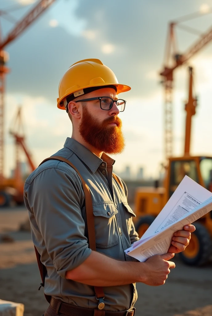 make a bearded red-haired man, baldie, with glasses and myopia, as a civil engineer, very skinny, with an engineer's helmet