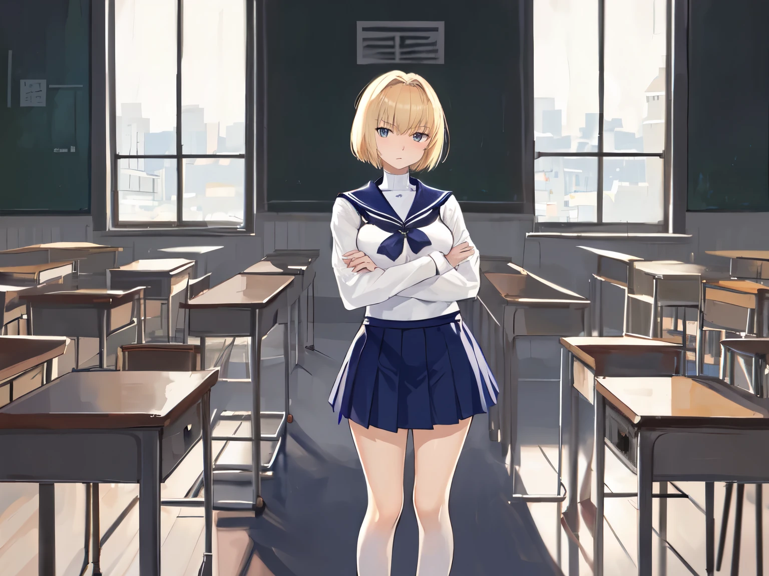 Arcueid Brunestud, full body, short blonde hair, high school girl with an angry expression, standing with arms crossed, modern sailor uniform, classroom background, 4K, large breasts.
