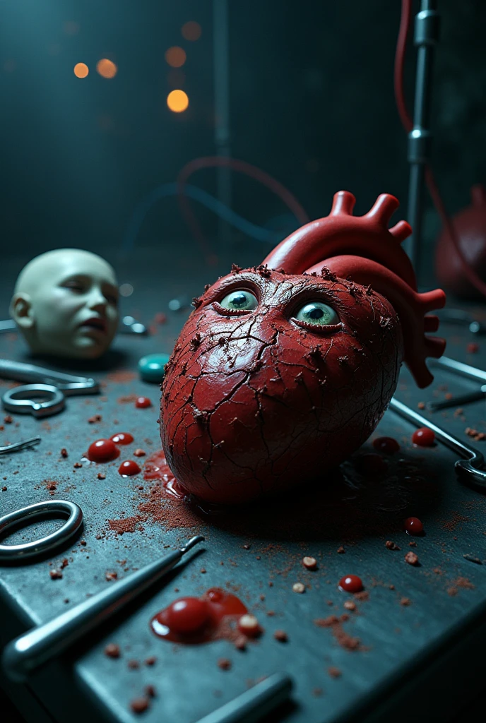 An image depicting a damaged heart with a sad and fearful expression, showing visible injuries like bruises and cracks. The heart is lying on a surface surrounded by surgical tools, including needles and scalpels. Next to it, there is a death heart with a more lifeless and pallid appearance, amplifying the sense of danger and despair. Both hearts have sad eyes with teardrops, conveying shock, fear, and medical distress. The scene includes elements of danger such as sparking wires or sharp instruments. The background is dark and blurred to emphasize the sorrowful and terrified state of the hearts, with a sense of medical shock illustrated through the chaotic and distorted environment."